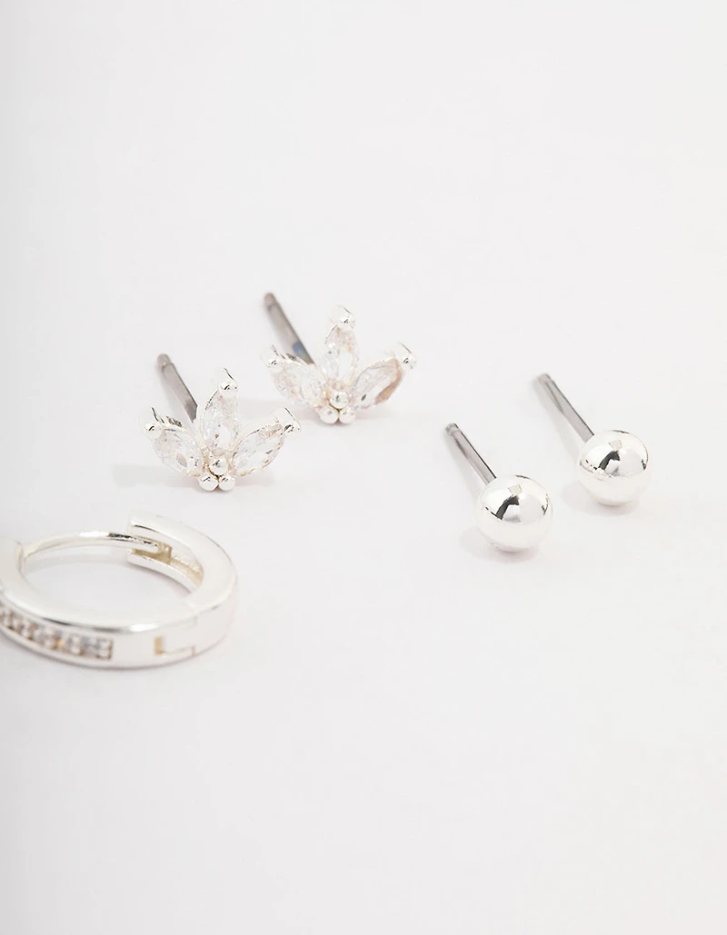 Silver Plated Brass  Cubic Zirconia Marquise Earring 3-Pack
