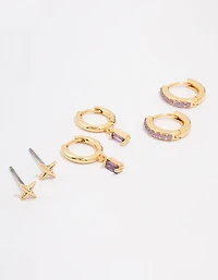 Gold Plated Brass Barbie Baguette Hoop Earring 3-Pack