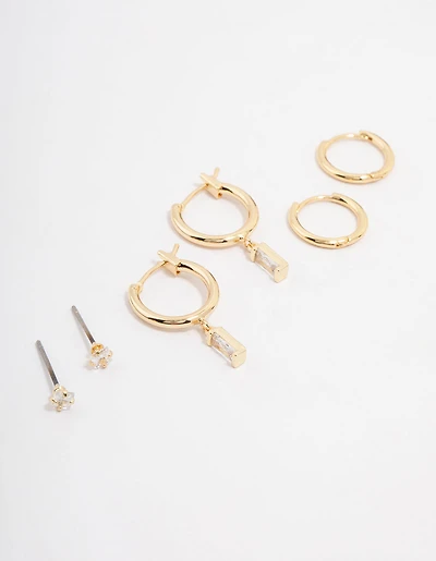 Gold Plated Brass Cubic Zirconia Baguette Hoop Earring 3-Pack