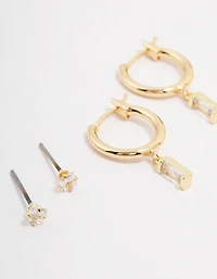 Gold Plated Brass Cubic Zirconia Baguette Hoop Earring 3-Pack
