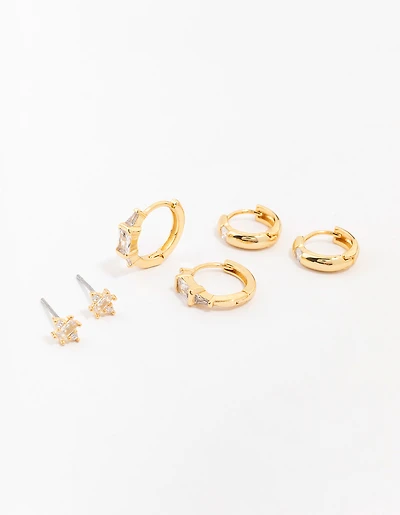 Gold Plated Brass Boho Baguette Earring 3-Pack