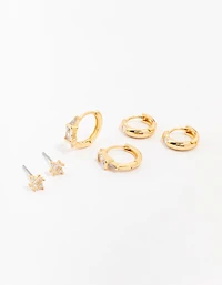 Paquet de 3 boucles d’oreilles Boho Baguette en laiton plaqué or