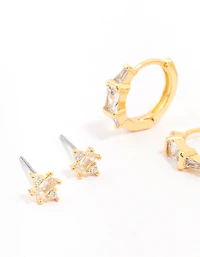 Paquet de 3 boucles d’oreilles Boho Baguette en laiton plaqué or