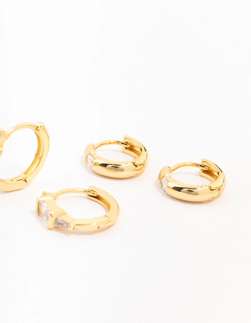 Paquet de 3 boucles d’oreilles Boho Baguette en laiton plaqué or
