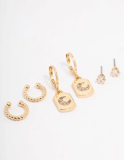 Gold Plated Brass Moon Charm Earring 3-Pack