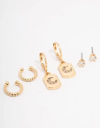 Gold Plated Brass Moon Charm Earring 3-Pack
