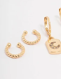 Gold Plated Brass Moon Charm Earring 3-Pack