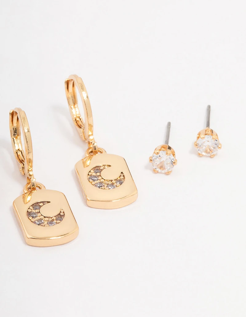 Gold Plated Brass Moon Charm Earring 3-Pack