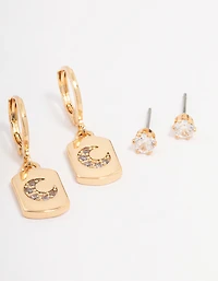 Gold Plated Brass Moon Charm Earring 3-Pack