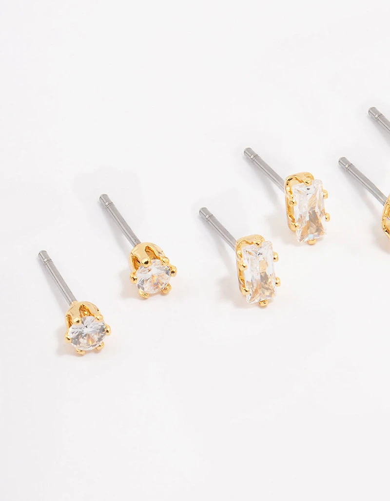 Gold Plated Brass Cubic Zirconia Stud Earring 4-Pack