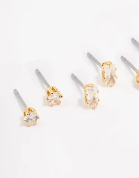 Gold Plated Brass Cubic Zirconia Stud Earring 4-Pack