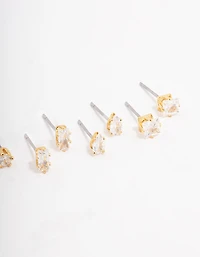 Gold Plated Brass Cubic Zirconia Stud Earring 4-Pack