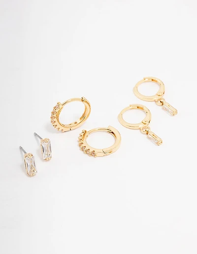 Gold Plated Brass Baguette Stud & Huggie Earring 3-Pack