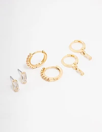 Gold Plated Brass Baguette Stud & Huggie Earring 3-Pack