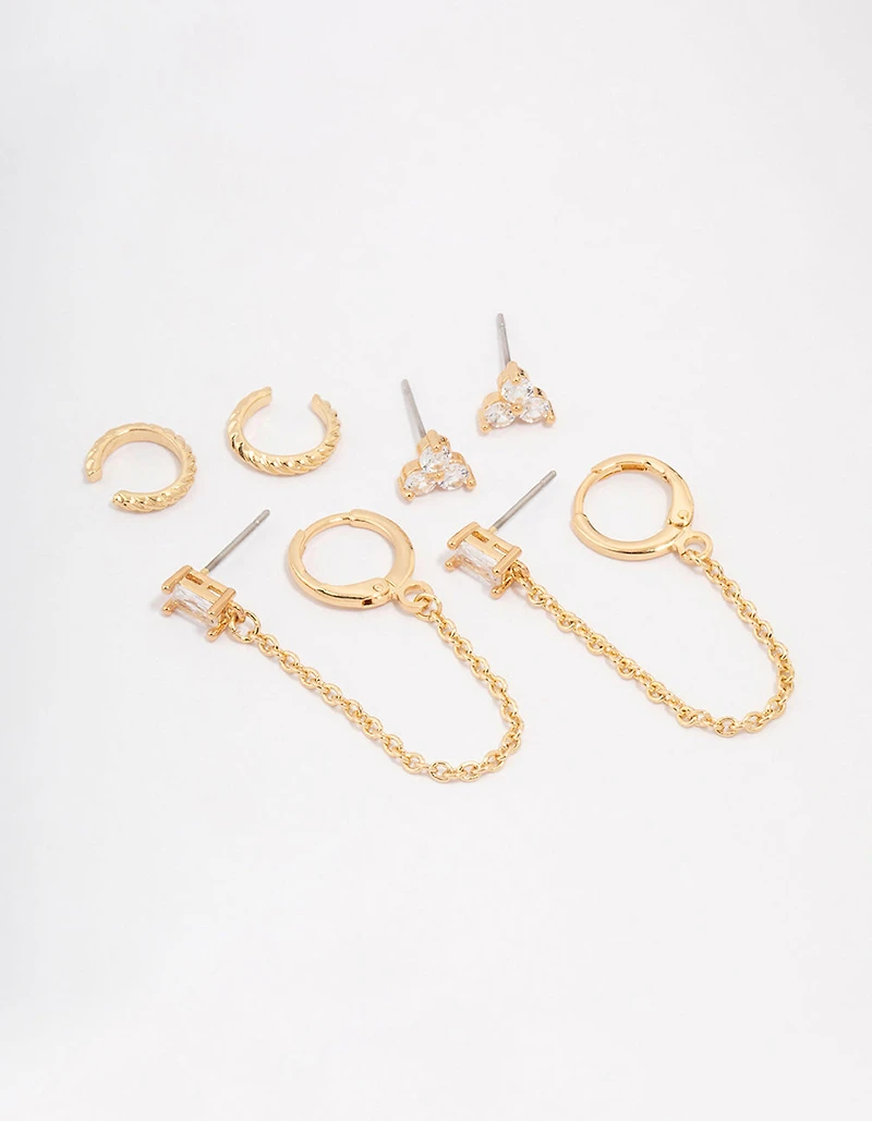 Gold Plated Brass Baguette Chain Flower Earring 4-Pack