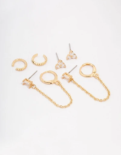 Gold Plated Brass Baguette Chain Flower Earring 4-Pack