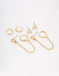 Gold Plated Brass Baguette Chain Flower Earring 4-Pack