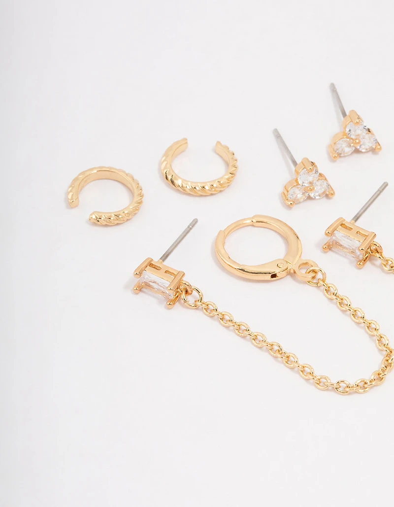 Gold Plated Brass Baguette Chain Flower Earring 4-Pack