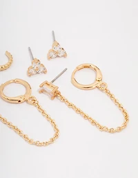 Gold Plated Brass Baguette Chain Flower Earring 4-Pack