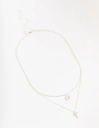 Silver Plated Brass  Cubic Zirconia Cross Coin Layered Necklace