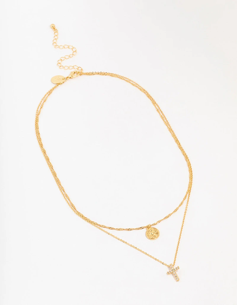 Gold Plated Brass Cubic Zirconia Cross Coin Layered Necklace