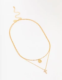 Gold Plated Brass Cubic Zirconia Cross Coin Layered Necklace