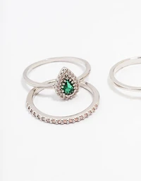 Silver Cubic Zirconia Halo Pear Stacking Ring Set