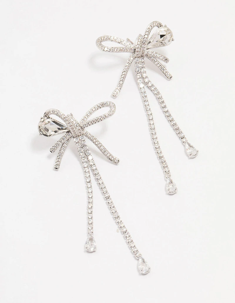 Silver Cubic Zirconia Large Bow Drop Earrings