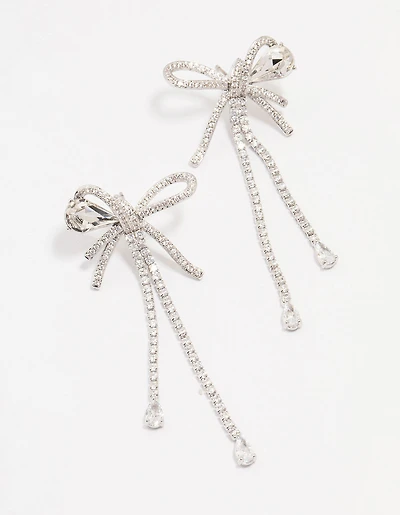 Silver Cubic Zirconia Large Bow Drop Earrings