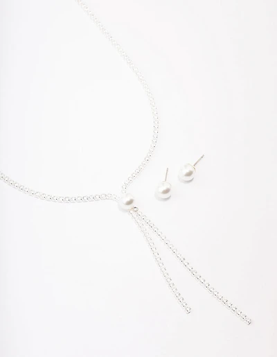Silver Cubic Zirconia Lariat Necklace & Earring Set
