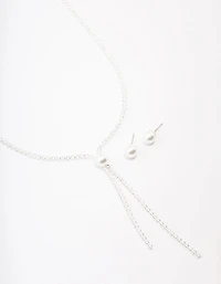 Silver Cubic Zirconia Lariat Necklace & Earring Set