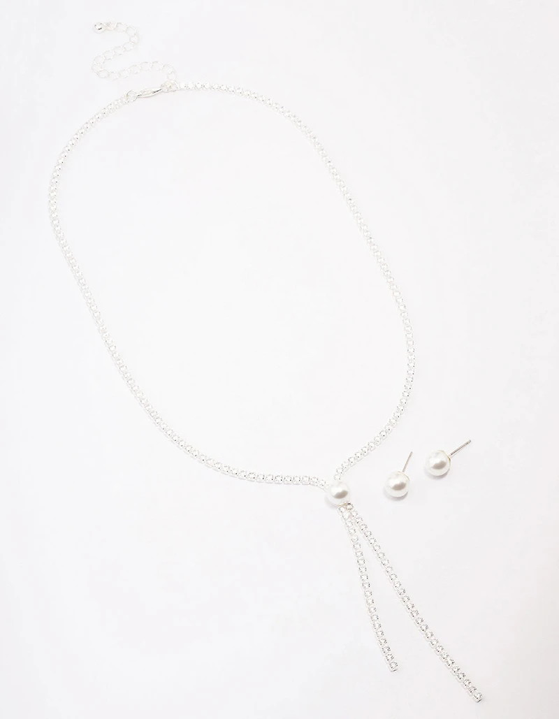 Silver Cubic Zirconia Lariat Necklace & Earring Set
