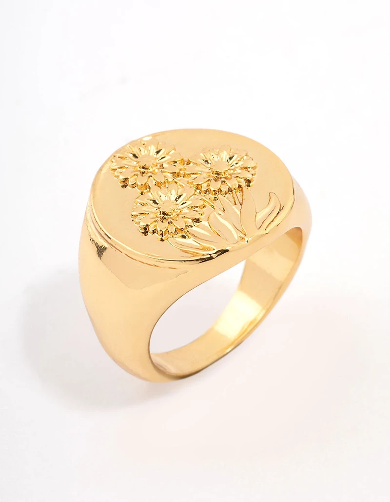 Bague chevalière fleurie plaquée or