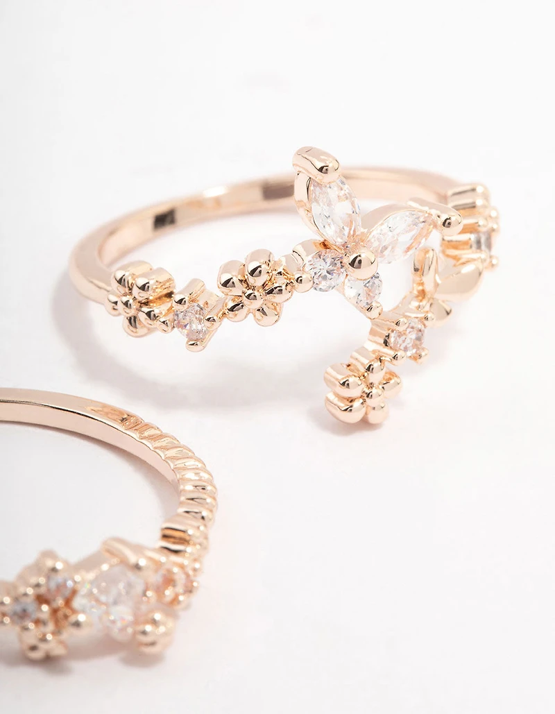 Rose Gold Plated Floral Stone Stacking Ring Pack