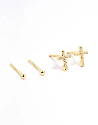 Gold Plated Sterling Silver Cubic Zirconia Cross Earrings 2-Pack