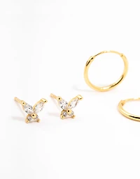Gold Plated Sterling Silver Butterfly Studs And Hoop Earrings 2-Pack