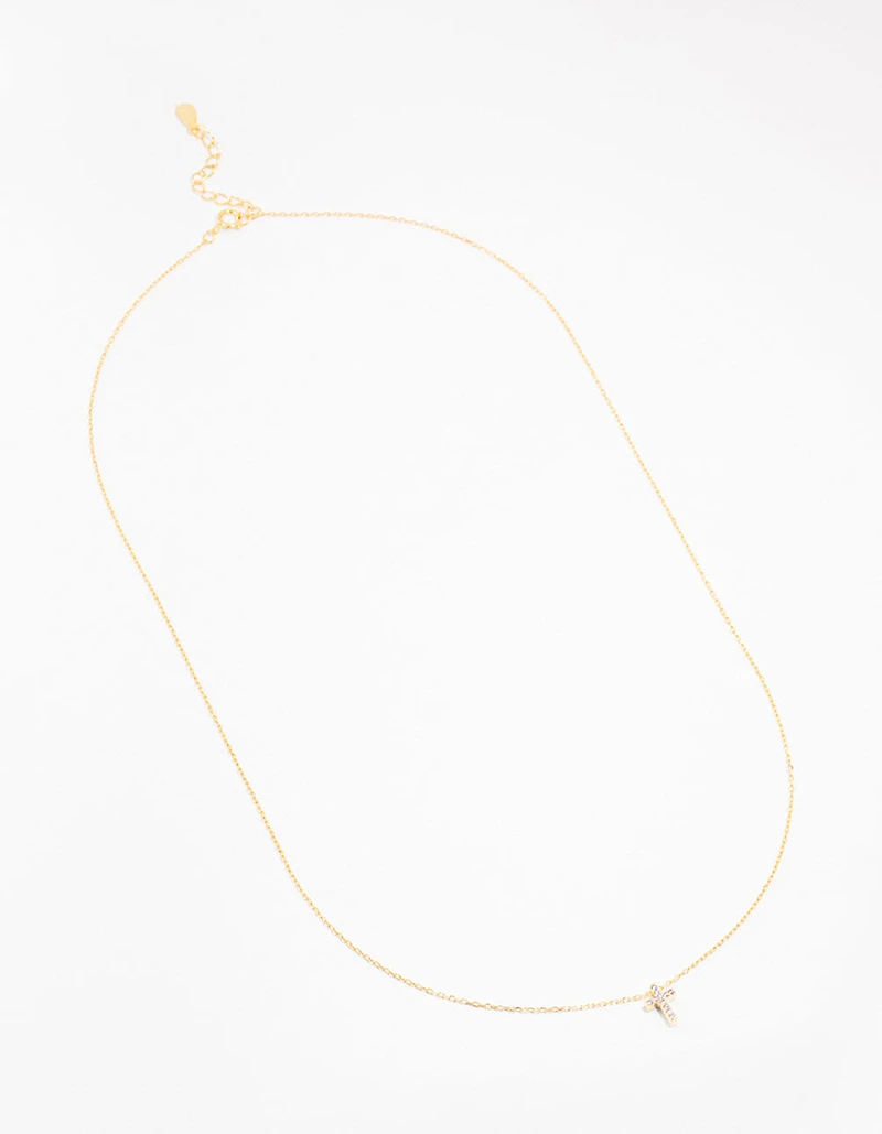 Gold Plated Sterling Silver Cubic Zirconia Cross Necklace