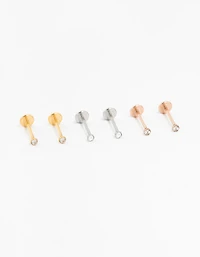 Mixed Metal Plated Surgical Steel Mini Diamante Threadless Flat Back Studs 6-Pack