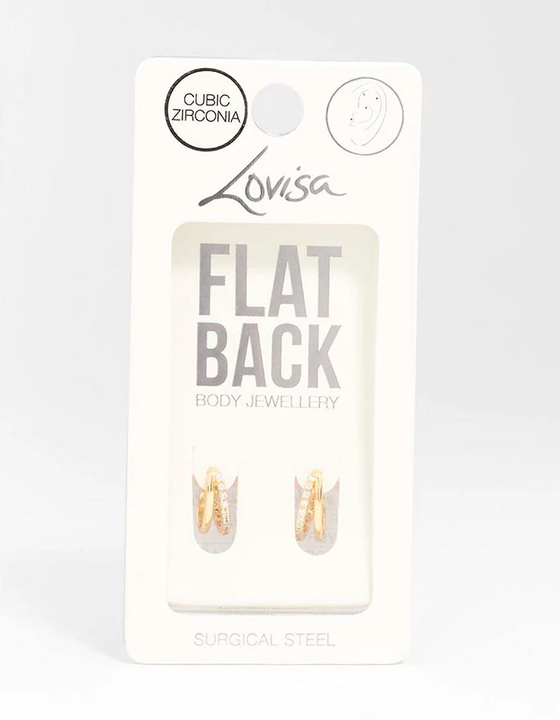 Gold Plated Surgical Steel Double Cubic Zirconia Hoop Flat Back 2-Pack
