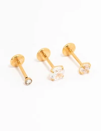 Gold Plated Surgical Steel Cubic Zirconia Threadless  Flat Back Studs  3-Pack