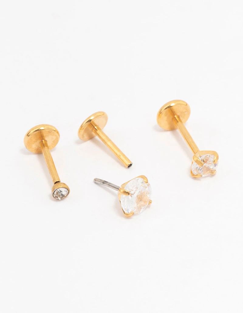 Gold Plated Surgical Steel Cubic Zirconia Threadless Flat Back Studs 3-Pack