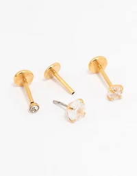 Gold Plated Surgical Steel Cubic Zirconia Threadless  Flat Back Studs  3-Pack