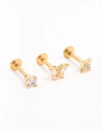 Gold Plated Surgical Steel Butterfly Flower Flat Back Earrings 3-Pack