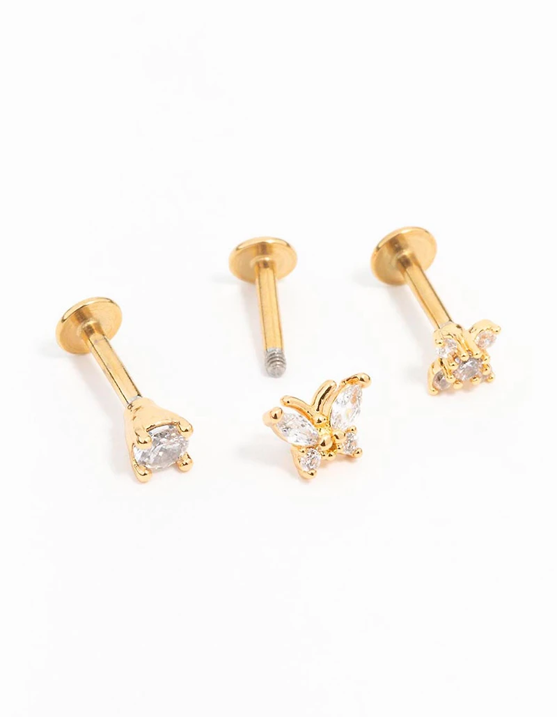 Gold Plated Surgical Steel Butterfly Flower Flat Back Earrings 3-Pack