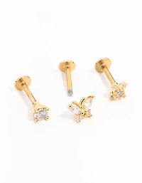 Gold Plated Surgical Steel Butterfly Flower Flat Back Earrings 3-Pack