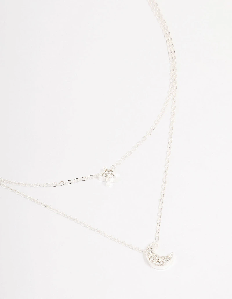Silver Half Moon Star Double Layered Necklace