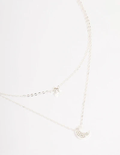 Silver Half Moon Star Double Layered Necklace