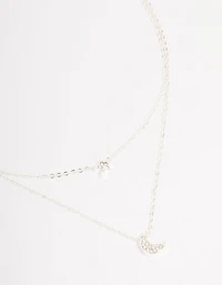 Silver Half Moon Star Double Layered Necklace