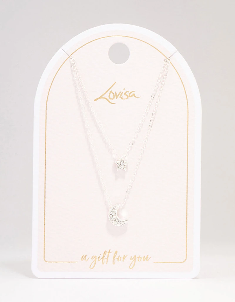 Silver Half Moon Star Double Layered Necklace