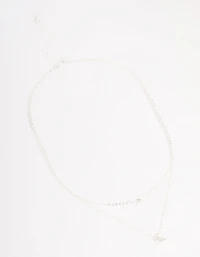 Silver Half Moon Star Double Layered Necklace